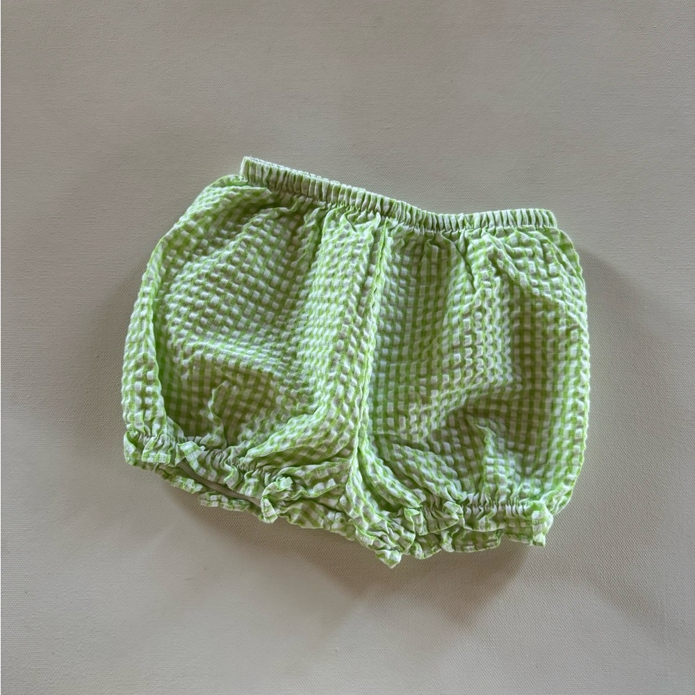 Baby girl green and white gingham ruffle crepe bloomers